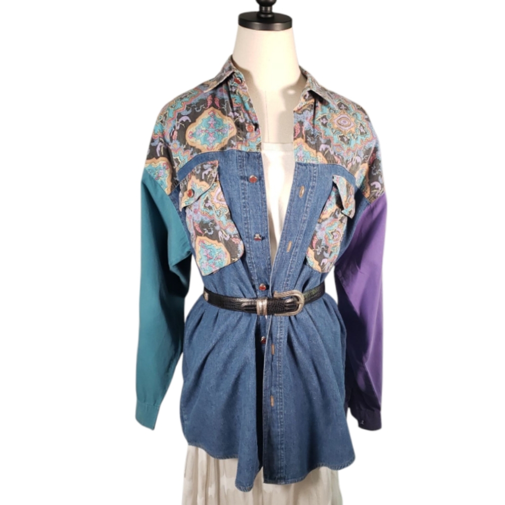 Vint Western Denim Shirt Paisley Abstract 70's Style Print Cotton Cowboy / Girl